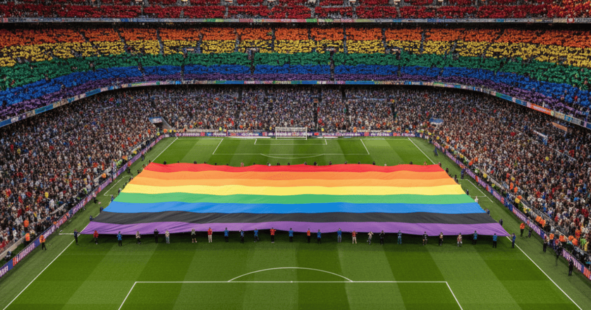 Vista aérea de un estadio de fútbol lleno de gente con una bandera gigante del arcoíris cubriendo el centro del campo y las gradas iluminadas con los colores LGTBI.