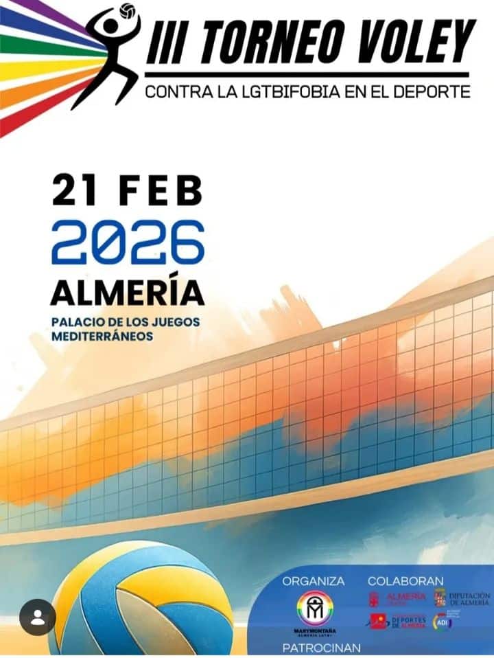 Cartel del III Torneo de Voley contra la LGTBIfobia en el deporte, celebrado el 21 de febrero de 2026 en el Palacio de los Juegos Mediterráneos de Almería.