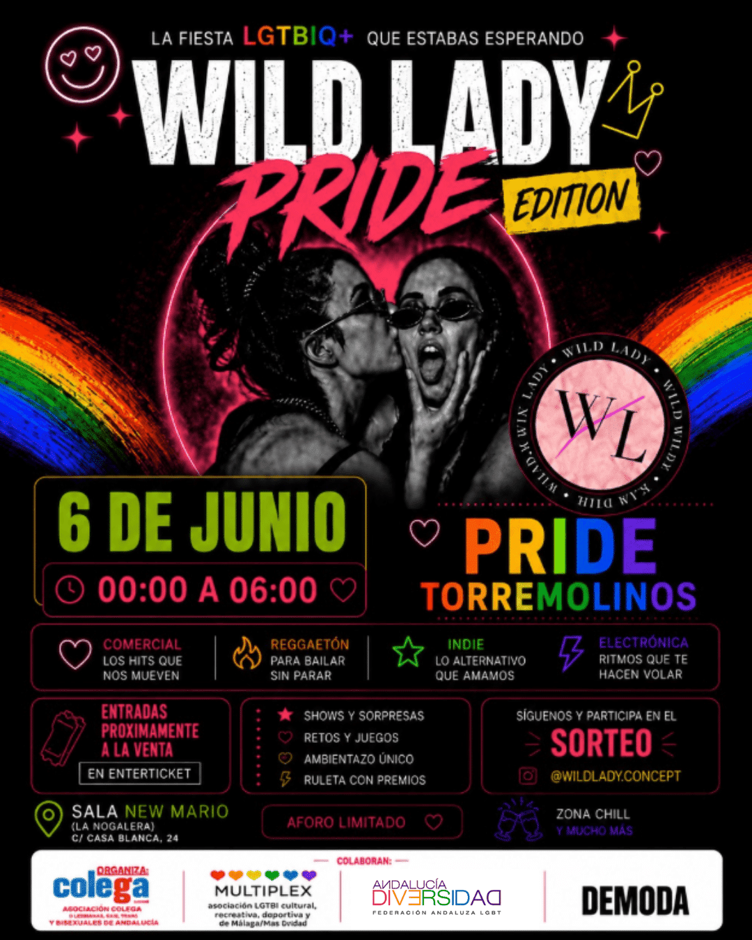 Cartel del evento Wild Lady Pride Edition en Torremolinos, 6 de junio, con la colaboración de Andalucía Diversidad LGBT.