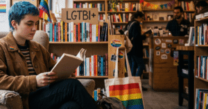 Persona joven leyendo un libro sentado en un sillón dentro de una librería LGTBIQ+ rodeada de estanterías y una bolsa con la bandera del orgullo.